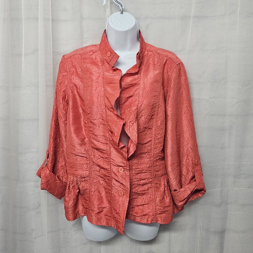 Chico's Pink Jacket Coquette Ruffled Crinkled Roll Tab 1 (M)